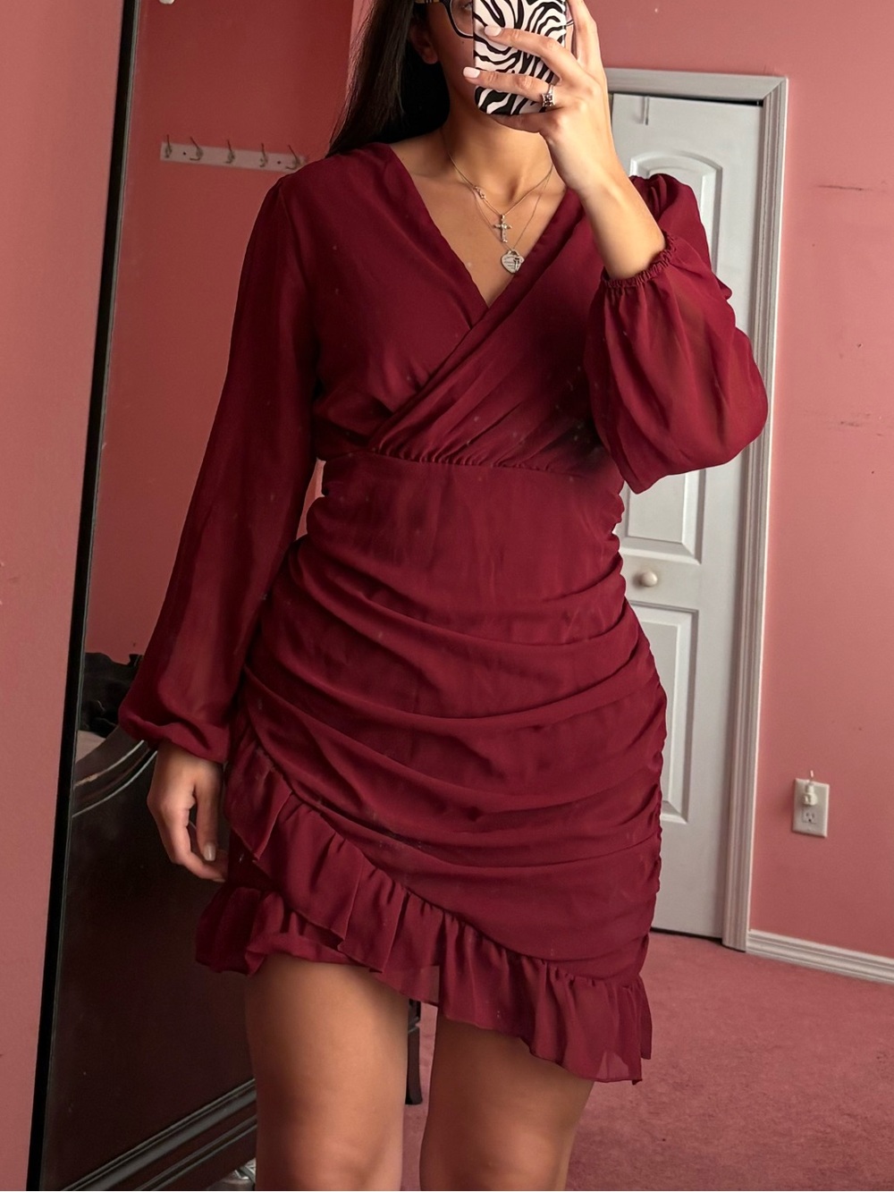 Elegant Long-Sleeve Wrap Dress in Wine